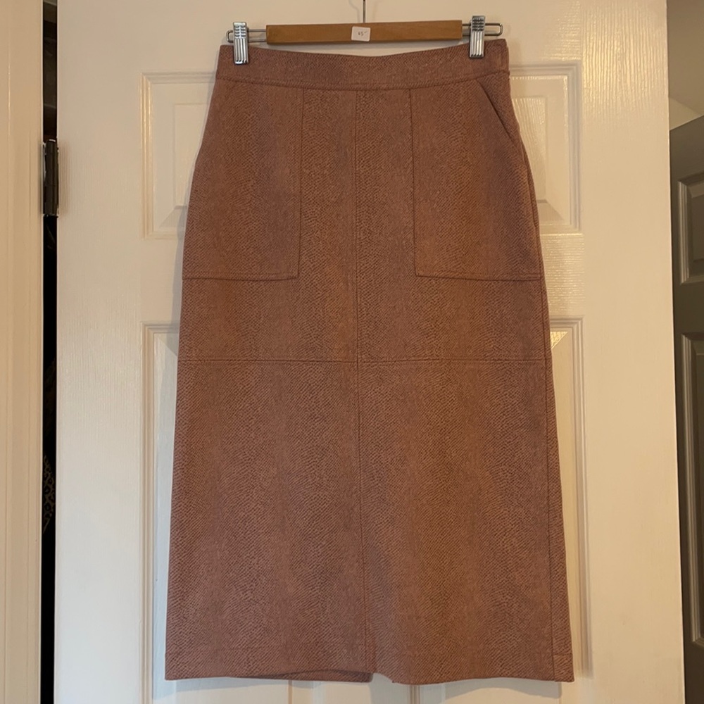 Anthropologie pink faux snakeskin midi skirt